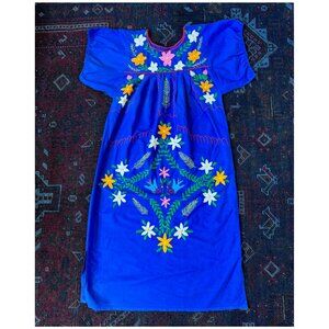 Vintage Embroidered Mexican Midi Dress | Size Small 4 | Royal Blue | Oaxaca